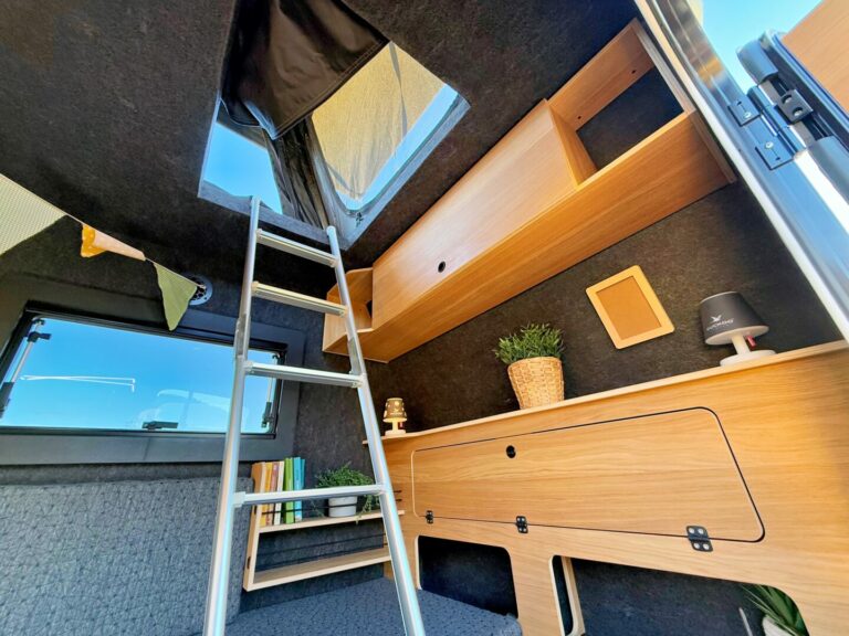 Innenraum eines modernen Pickup Campers mit hellen Holzschränken, einer Leiter zum Dachfenster, Büchern, zwei Topfpflanzen und einer kleinen Lampe – durch das offene Dachfenster strömt Sonnenlicht hierher und schafft eine Atmosphäre grenzenloser Freiheit. Dieser maßgefertigte Offroad Camper verbindet gemütliches Wohnen mit funktionalem Design und eignet sich ideal für Abenteurer, die Flexibilität und Komfort auf ihren Reisen suchen. Travelboxx - Pickup Wohnkabinen